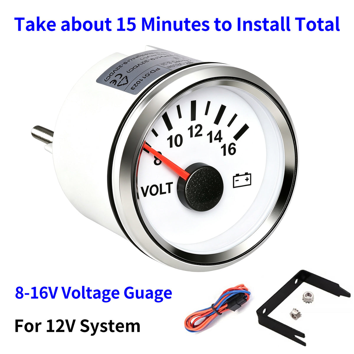 100TECH 2-1/16" (52mm) Voltmeter Gauge 8–16V, Boat Voltage Gauge For Yachts, Trucks | Automotive Voltage Gauge, IP67 Waterproof & Anti‑Fog Lens, SUS316 Bezel & Red LED Backlight for Vehicles, Boats, RVs & Tractors
