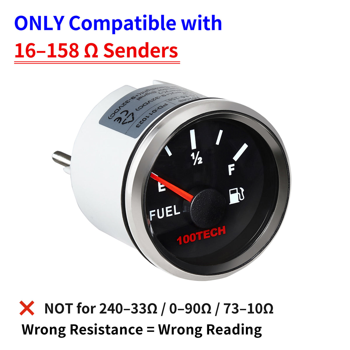 100TECH Fuel Tank Gauge 16-158 Ohm 52mm 2-1/16" Marine Aftermarket Fuel Gauge | IP67 Waterproof, Stepper Motor Technology, Anti-Fog & UV-Resistant with SUS316 Bezel & Red Backlight for Boats, Trucks, Vehicles, RVs, Yachts