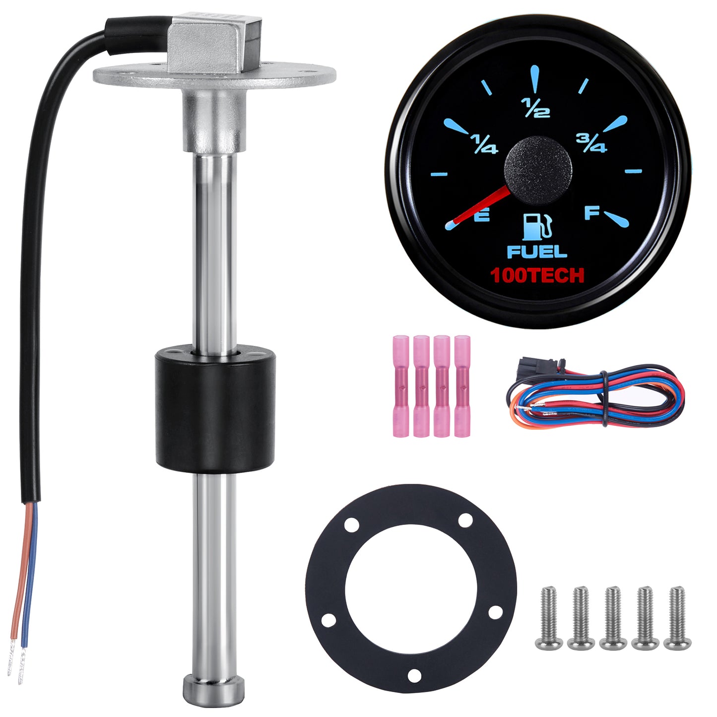 100TECH IP67 Waterproof 316 Stainless Steel Boat Gas Gauge Kit with Fuel Sending Unit 240-33 ohms for Boat RV Truck Vehicle Yacht