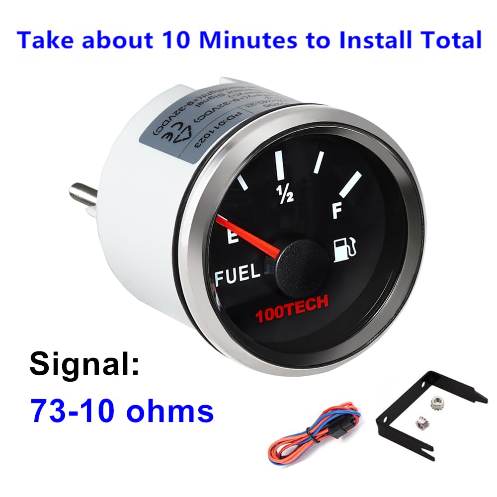 100TECH Boat Fuel Gauge Marine Fuel Gauge Waterproof 52mm 2-1/16" Diesel Aftermarket Gauge Automotive Replacement Gas Gauge for Car Truck Yacht SUV with Backlight 73-10 ohms