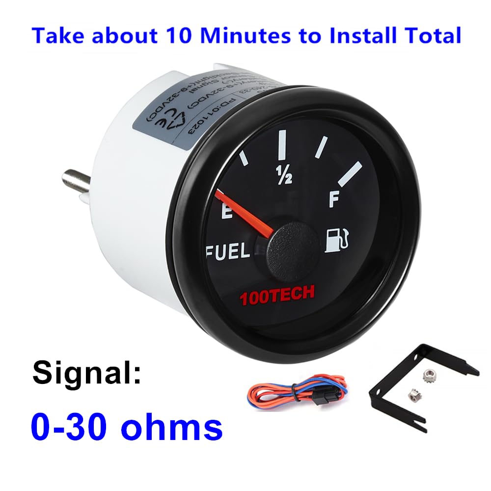100TECH Fuel Gauge Marine Fuel Level Gauge Waterproof 52mm 2-1/16" Diesel Aftermarket Gauge Automotive Replacement Gas Gauge for Boat Car Truck Yacht SUV with Backlight 0-30 ohms