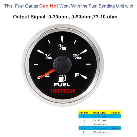 100TECH Gas Gauge 7 Backlight Colors 316SS Bezel 2-1/16" 52mm Boat RV Marine Yacht Fuel Tank Gauge Waterproof Stepper Motor