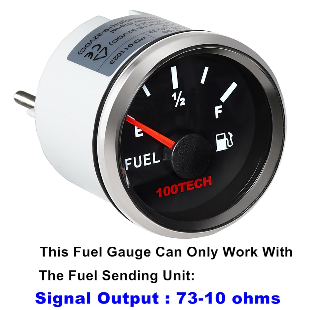 100TECH Boat Fuel Gauge Marine Fuel Gauge Waterproof 52mm 2-1/16" Diesel Aftermarket Gauge Automotive Replacement Gas Gauge for Car Truck Yacht SUV with Backlight 73-10 ohms