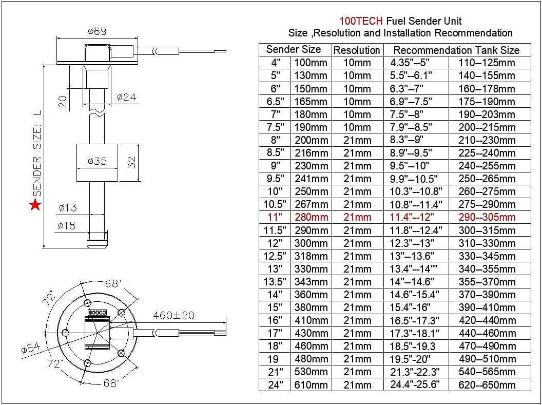 100TECH Fuel Sending Unit 240-33 ohms 11"(280mm) Marine for Boat Vehicle Truck RV Fuel Tank Sending Unit Fuel Water Level Sending Unit Fuel Gas Sender Fuel Water Level Sensor Fuel Gauge Sending Unit