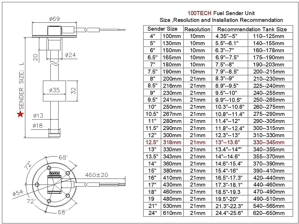 100TECH Boat Sending Unit for Fuel Tank Boat Fuel Sender Marine Fuel Sending Unit Sensor for Boat Truck Car 12.5"(318mm) Diesel RV Vehicle Water Sensor Marine Fuel Gas Gauge Sending Unit 240-33ohms
