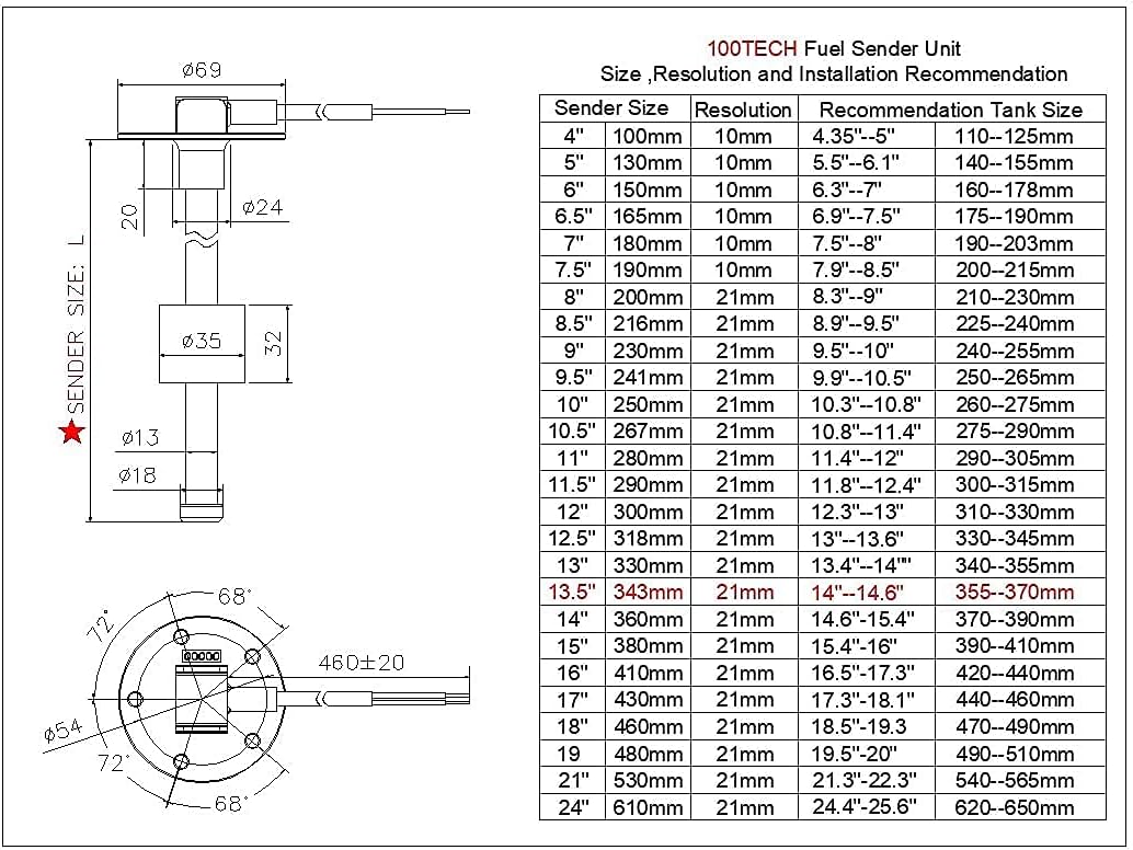 100TECH gas tank sending unit fuel sender 5.5"(140mm) to 13.5"(343mm) 240-33 ohms 316 stainless steel for Boat RV Truck Yacht