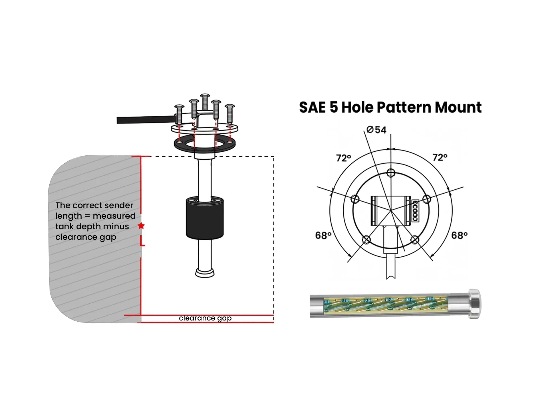 100TECH boat fuel sender installation guide with reed switch technology showing SAE 5 hole pattern mount and clearance gap measurement for marine tank level sensor