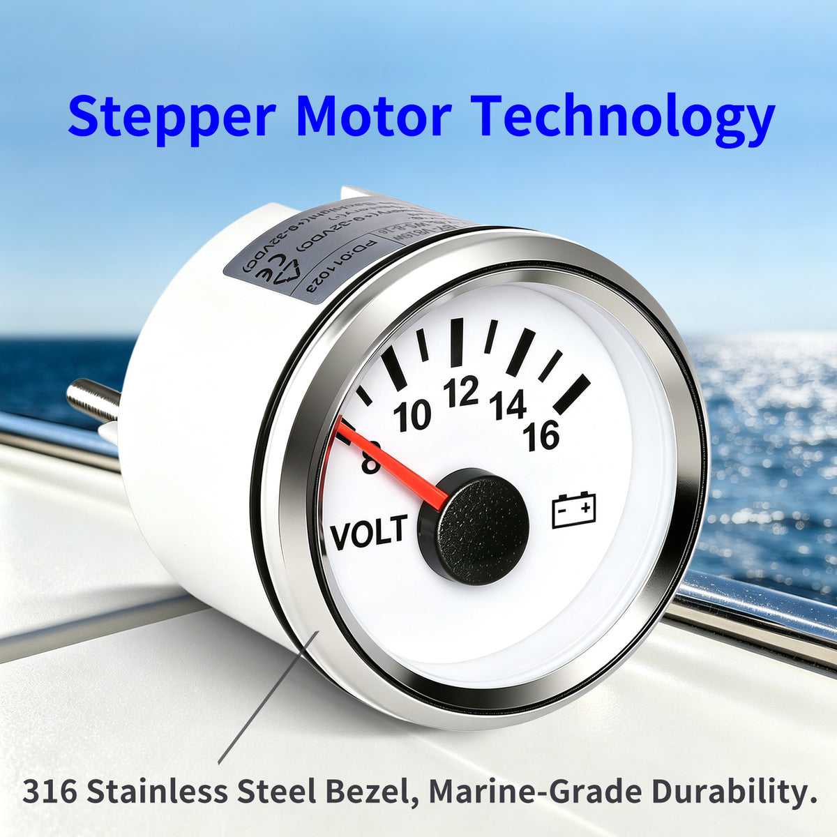 100TECH 2-1/16" (52mm) Voltmeter Gauge 8–16V, Boat Voltage Gauge For Yachts, Trucks | Automotive Voltage Gauge, IP67 Waterproof & Anti‑Fog Lens, SUS316 Bezel & Red LED Backlight for Vehicles, Boats, RVs & Tractors