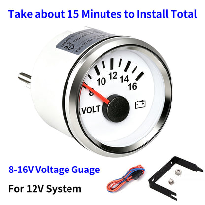 100TECH 2-1/16" (52mm) Voltmeter Gauge 8–16V, Boat Voltage Gauge For Yachts, Trucks | Automotive Voltage Gauge, IP67 Waterproof & Anti‑Fog Lens, SUS316 Bezel & Red LED Backlight for Vehicles, Boats, RVs & Tractors