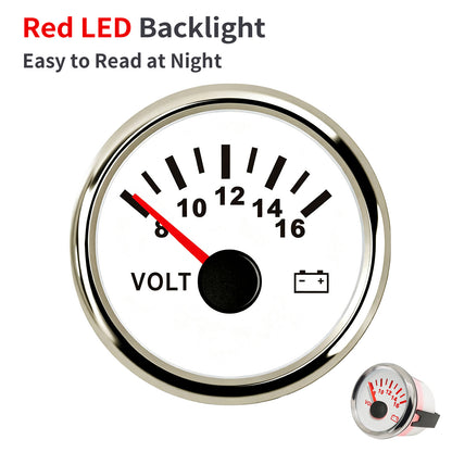 100TECH 2-1/16" (52mm) Voltmeter Gauge 8–16V, Boat Voltage Gauge For Yachts, Trucks | Automotive Voltage Gauge, IP67 Waterproof & Anti‑Fog Lens, SUS316 Bezel & Red LED Backlight for Vehicles, Boats, RVs & Tractors