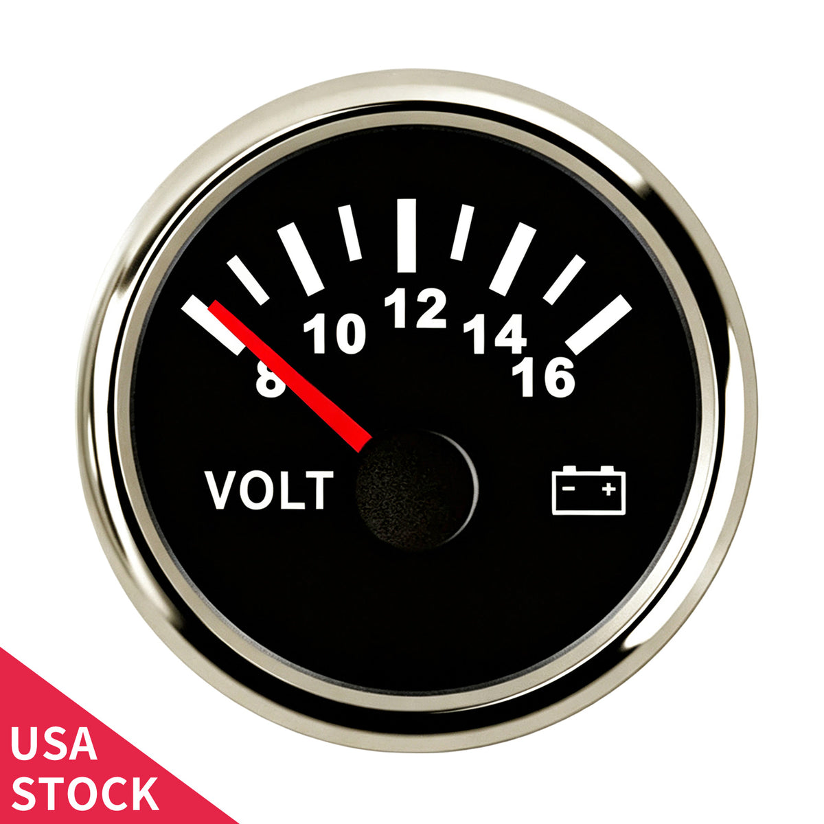 100TECH 2-1/16" (52mm) Marine Voltmeter Gauge 8–16V, Vehicle Voltage Gauge For Boats | Automotive Voltage Gauge, IP67 Waterproof & Anti‑Fog Lens, SUS316 Bezel, Stepper Motor & Red LED Backlight for Yachts, Tractors & Cars