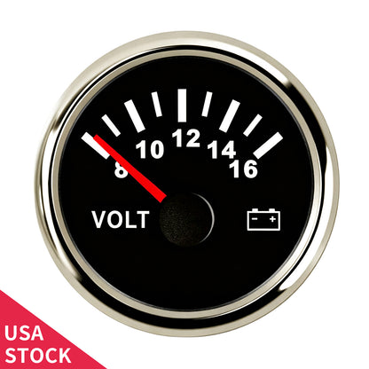 100TECH 2-1/16" (52mm) Marine Voltmeter Gauge 8–16V, Vehicle Voltage Gauge For Boats | Automotive Voltage Gauge, IP67 Waterproof & Anti‑Fog Lens, SUS316 Bezel, Stepper Motor & Red LED Backlight for Yachts, Tractors & Cars