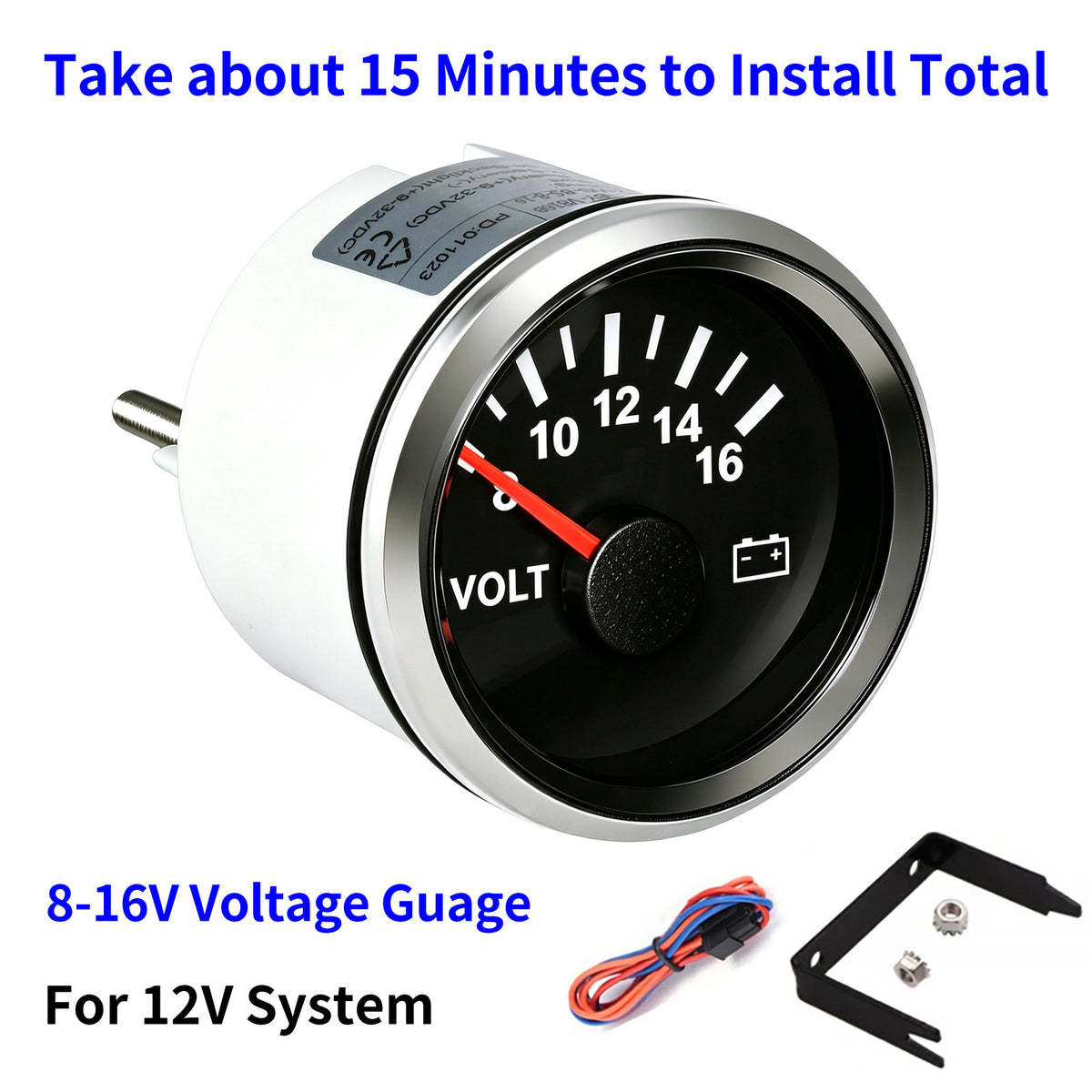 100TECH 2-1/16" (52mm) Marine Voltmeter Gauge 8–16V, Vehicle Voltage Gauge For Boats | Automotive Voltage Gauge, IP67 Waterproof & Anti‑Fog Lens, SUS316 Bezel, Stepper Motor & Red LED Backlight for Yachts, Tractors & Cars