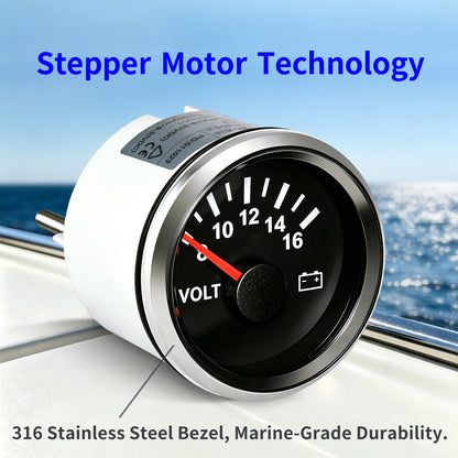 100TECH 2-1/16" (52mm) Marine Voltmeter Gauge 8–16V, Vehicle Voltage Gauge For Boats | Automotive Voltage Gauge, IP67 Waterproof & Anti‑Fog Lens, SUS316 Bezel, Stepper Motor & Red LED Backlight for Yachts, Tractors & Cars