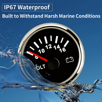 100TECH 2-1/16" (52mm) Marine Voltmeter Gauge 8–16V, Vehicle Voltage Gauge For Boats | Automotive Voltage Gauge, IP67 Waterproof & Anti‑Fog Lens, SUS316 Bezel, Stepper Motor & Red LED Backlight for Yachts, Tractors & Cars