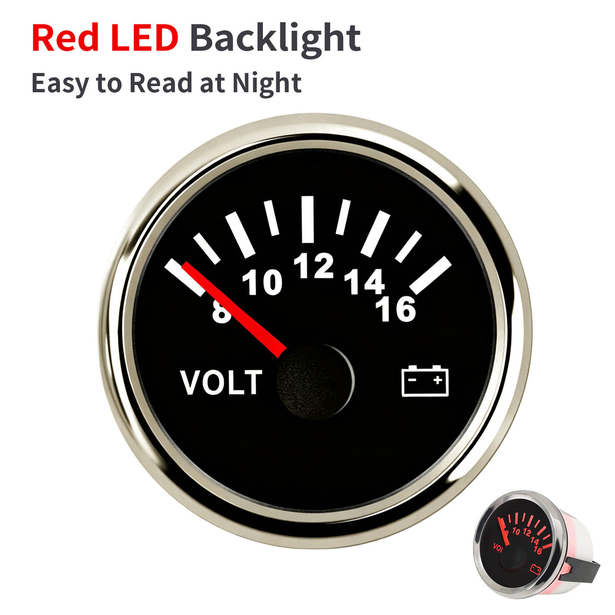 100TECH 2-1/16" (52mm) Marine Voltmeter Gauge 8–16V, Vehicle Voltage Gauge For Boats | Automotive Voltage Gauge, IP67 Waterproof & Anti‑Fog Lens, SUS316 Bezel, Stepper Motor & Red LED Backlight for Yachts, Tractors & Cars