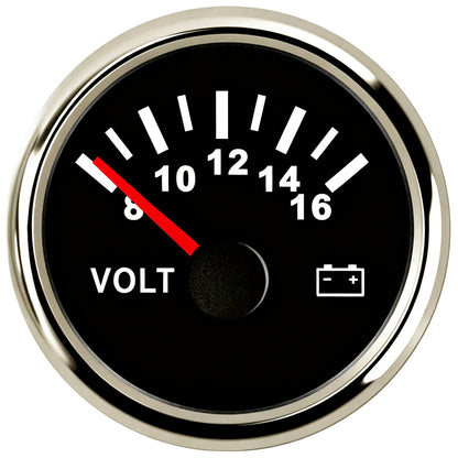 100TECH 2-1/16" (52mm) Marine Voltmeter Gauge 8–16V, Vehicle Voltage Gauge For Boats | Automotive Voltage Gauge, IP67 Waterproof & Anti‑Fog Lens, SUS316 Bezel, Stepper Motor & Red LED Backlight for Yachts, Tractors & Cars