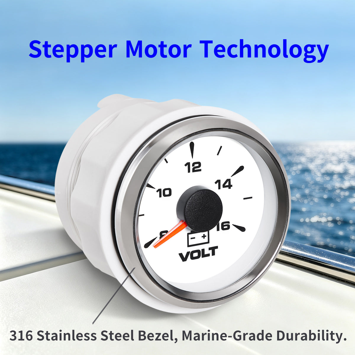 100TECH 2‑1/16″ Aftermarket Voltmeter Gauge 52mm 8‑16V Marine Voltage Gauge For Boats | Replacement Voltage Gauge, IP67 Waterproof & Anti‑Fog Lens, SUS316 Bezel, Stepper Motor & 8 Color Backlight for Trucks & RVs