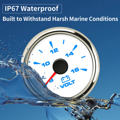 100TECH 2‑1/16″ Aftermarket Voltmeter Gauge 52mm 8‑16V Marine Voltage Gauge For Boats | Replacement Voltage Gauge, IP67 Waterproof & Anti‑Fog Lens, SUS316 Bezel, Stepper Motor & 8 Color Backlight for Trucks & RVs