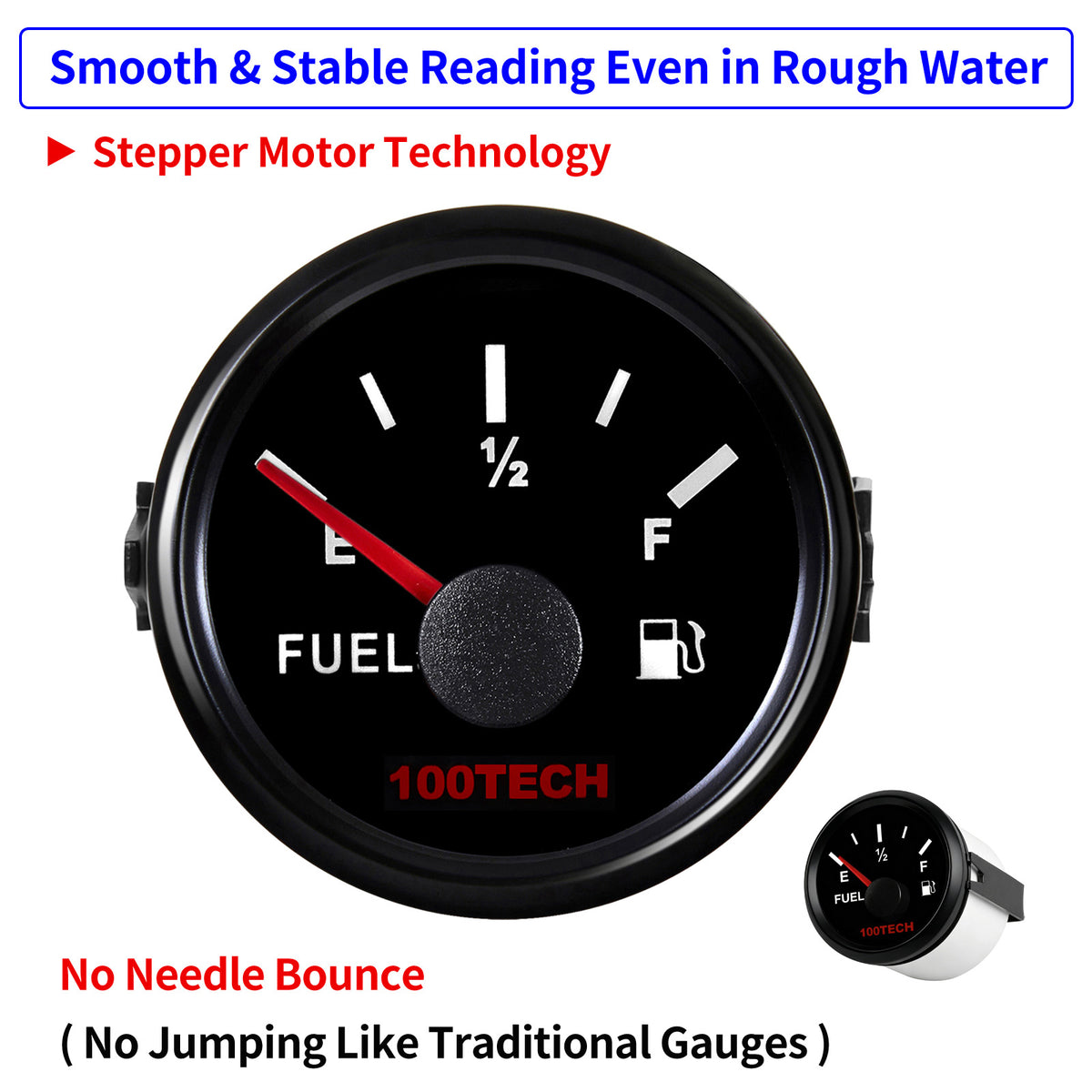 100TECH Fuel Level Gauge 16-158 Ohm Compatible Automotive Gauge 52mm 2-1/16" | IP67 Waterproof, Anti-Fog & UV-Resistant, Fuel Gauge with SUS316 Bezel & Red Backlight for RVs, Trucks, Marine & Diesel Generators