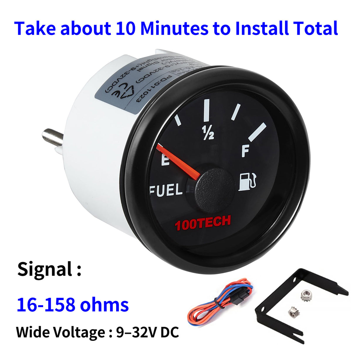 100TECH Fuel Level Gauge 16-158 Ohm Compatible Automotive Gauge 52mm 2-1/16" | IP67 Waterproof, Anti-Fog & UV-Resistant, Fuel Gauge with SUS316 Bezel & Red Backlight for RVs, Trucks, Marine & Diesel Generators