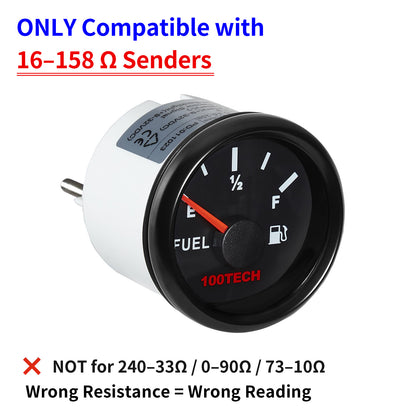 100TECH Fuel Level Gauge 16-158 Ohm Compatible Automotive Gauge 52mm 2-1/16" | IP67 Waterproof, Anti-Fog & UV-Resistant, Fuel Gauge with SUS316 Bezel & Red Backlight for RVs, Trucks, Marine & Diesel Generators