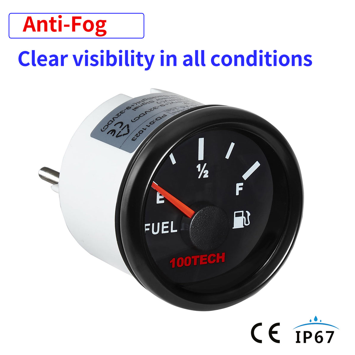 100TECH Fuel Level Gauge 16-158 Ohm Compatible Automotive Gauge 52mm 2-1/16" | IP67 Waterproof, Anti-Fog & UV-Resistant, Fuel Gauge with SUS316 Bezel & Red Backlight for RVs, Trucks, Marine & Diesel Generators