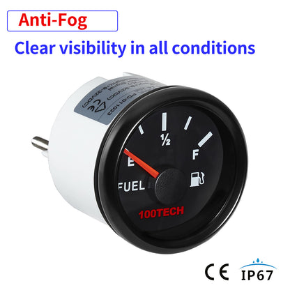 100TECH Fuel Level Gauge 16-158 Ohm Compatible Automotive Gauge 52mm 2-1/16" | IP67 Waterproof, Anti-Fog & UV-Resistant, Fuel Gauge with SUS316 Bezel & Red Backlight for RVs, Trucks, Marine & Diesel Generators