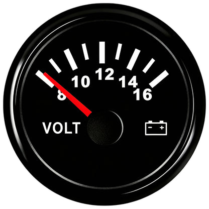 100TECH 2-1/16" (52mm) Marine Voltmeter Gauge 8–16V, Vehicle Voltage Gauge For Boats | Automotive Voltage Gauge, IP67 Waterproof & Anti‑Fog Lens, SUS316 Bezel, Stepper Motor & Red LED Backlight for Yachts, Tractors & Cars