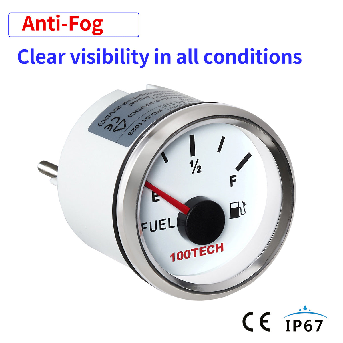 100TECH 52mm Marine Fuel Gauge 0-90 Ohm 2-1/16" Aftermarket Replacement Gauge | IP67 Waterproof and Dustproof, Red Backlight, Stepper Motor Technology, Anti-Fog & UV-Resistant, SUS316 Bezel for Boats, Trucks, RVs