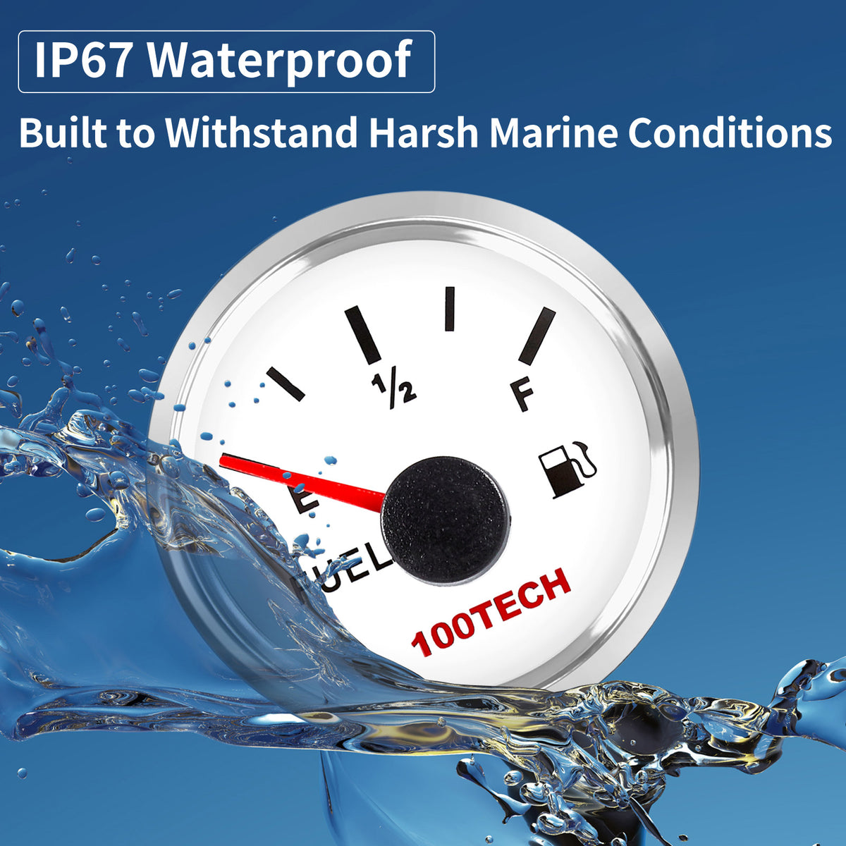 100TECH 52mm Marine Fuel Gauge 0-90 Ohm 2-1/16" Aftermarket Replacement Gauge | IP67 Waterproof and Dustproof, Red Backlight, Stepper Motor Technology, Anti-Fog & UV-Resistant, SUS316 Bezel for Boats, Trucks, RVs