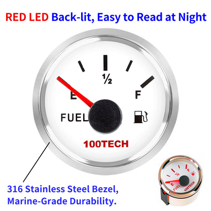100TECH 52mm Marine Fuel Gauge 0-90 Ohm 2-1/16" Aftermarket Replacement Gauge | IP67 Waterproof and Dustproof, Red Backlight, Stepper Motor Technology, Anti-Fog & UV-Resistant, SUS316 Bezel for Boats, Trucks, RVs