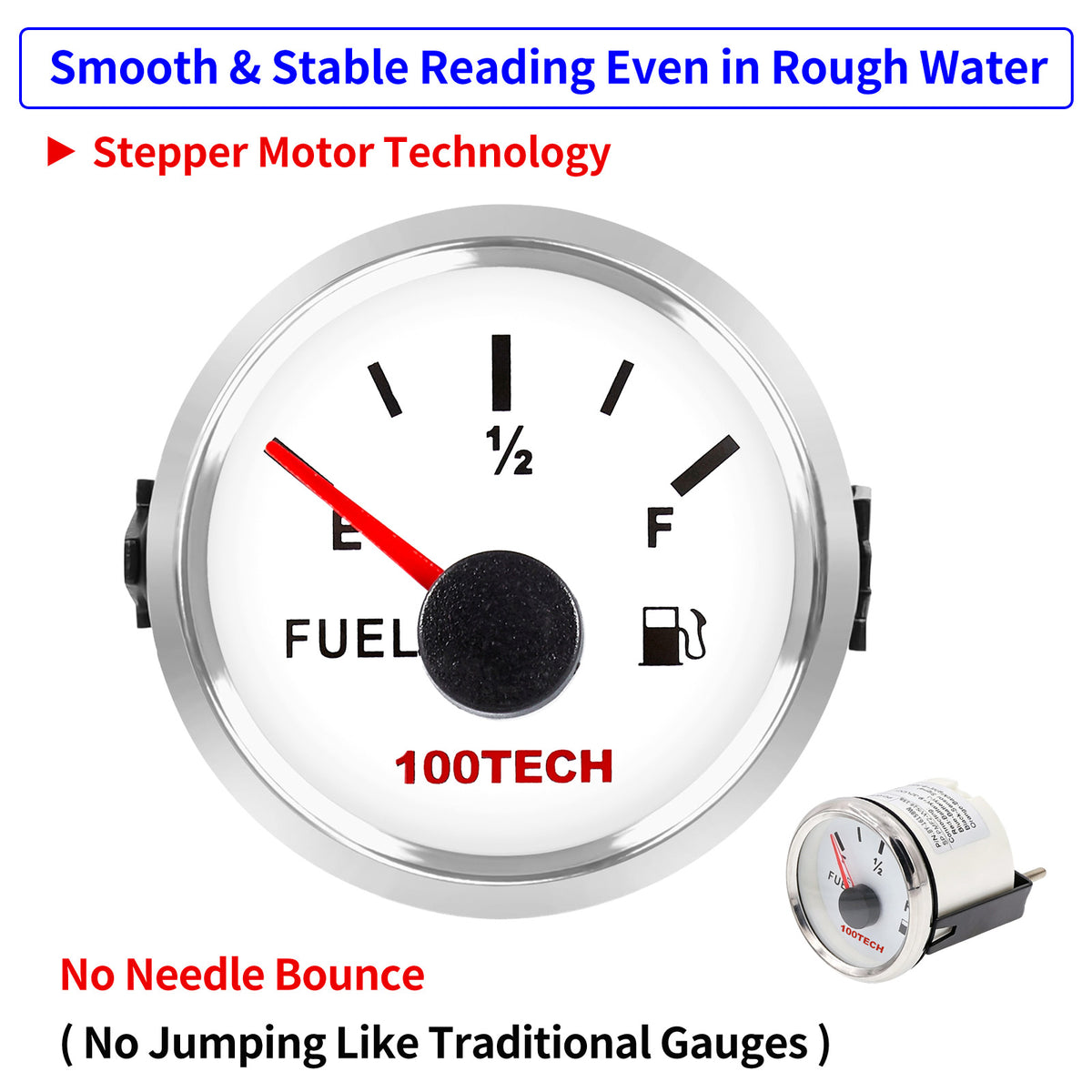 100TECH 52mm Marine Fuel Gauge 0-90 Ohm 2-1/16" Aftermarket Replacement Gauge | IP67 Waterproof and Dustproof, Red Backlight, Stepper Motor Technology, Anti-Fog & UV-Resistant, SUS316 Bezel for Boats, Trucks, RVs