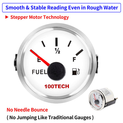100TECH 52mm Marine Fuel Gauge 0-90 Ohm 2-1/16" Aftermarket Replacement Gauge | IP67 Waterproof and Dustproof, Red Backlight, Stepper Motor Technology, Anti-Fog & UV-Resistant, SUS316 Bezel for Boats, Trucks, RVs