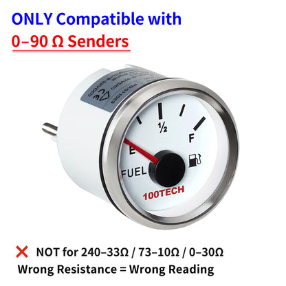 100TECH 52mm Marine Fuel Gauge 0-90 Ohm 2-1/16" Aftermarket Replacement Gauge | IP67 Waterproof and Dustproof, Red Backlight, Stepper Motor Technology, Anti-Fog & UV-Resistant, SUS316 Bezel for Boats, Trucks, RVs