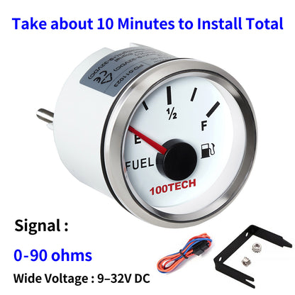 100TECH 52mm Marine Fuel Gauge 0-90 Ohm 2-1/16" Aftermarket Replacement Gauge | IP67 Waterproof and Dustproof, Red Backlight, Stepper Motor Technology, Anti-Fog & UV-Resistant, SUS316 Bezel for Boats, Trucks, RVs