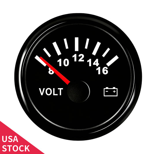 100TECH 2-1/16" (52mm) Vehicle Voltmeter Gauge 8–16V, Replacement Voltage Gauge | Automotive Aftermarket Voltage Gauge, IP67 Waterproof & Anti‑Fog Lens, SUS316 Bezel, Stepper Motor & Red LED Backlight for Boats, RVs