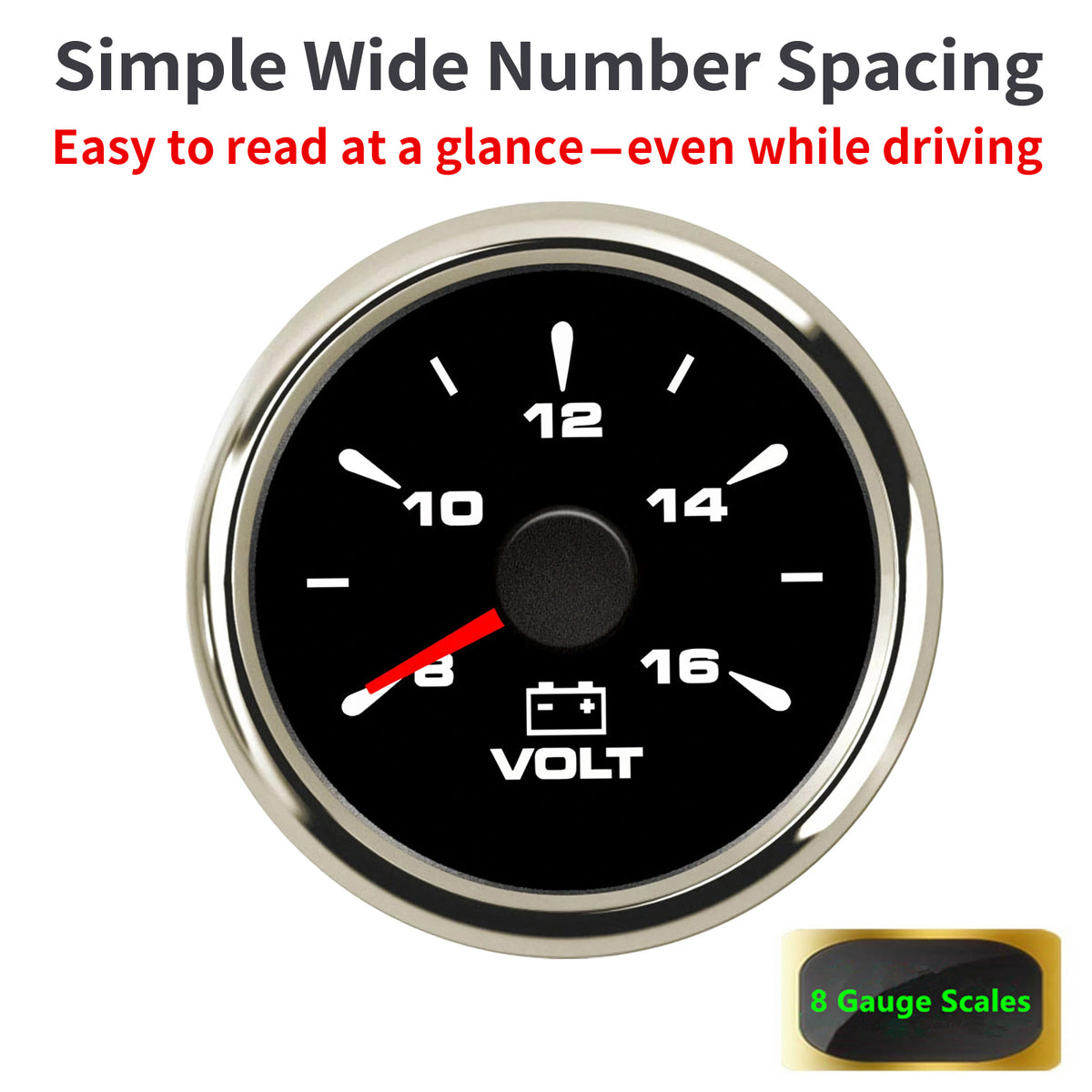 100TECH Automotive Voltmeter Gauge 2‑1/16" (52mm) 8‑16V Boat Voltage Gauge For Trucks | Aftermarket Voltage Gauge, IP67 Waterproof & Anti‑Fog Lens, Stepper Motor, SUS316 Bezel & 8 Color Backlight for RVs & Vehicles