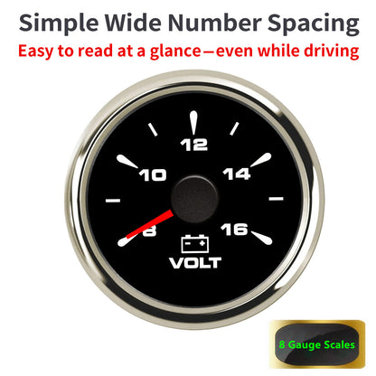 100TECH Automotive Voltmeter Gauge 2‑1/16" (52mm) 8‑16V Boat Voltage Gauge For Trucks | Aftermarket Voltage Gauge, IP67 Waterproof & Anti‑Fog Lens, Stepper Motor, SUS316 Bezel & 8 Color Backlight for RVs & Vehicles