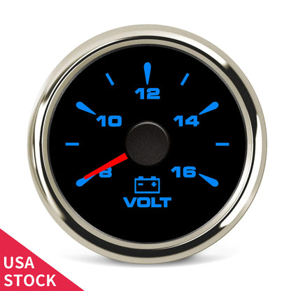 100TECH Automotive Voltmeter Gauge 2‑1/16" (52mm) 8‑16V Boat Voltage Gauge For Trucks | Aftermarket Voltage Gauge, IP67 Waterproof & Anti‑Fog Lens, Stepper Motor, SUS316 Bezel & 8 Color Backlight for RVs & Vehicles