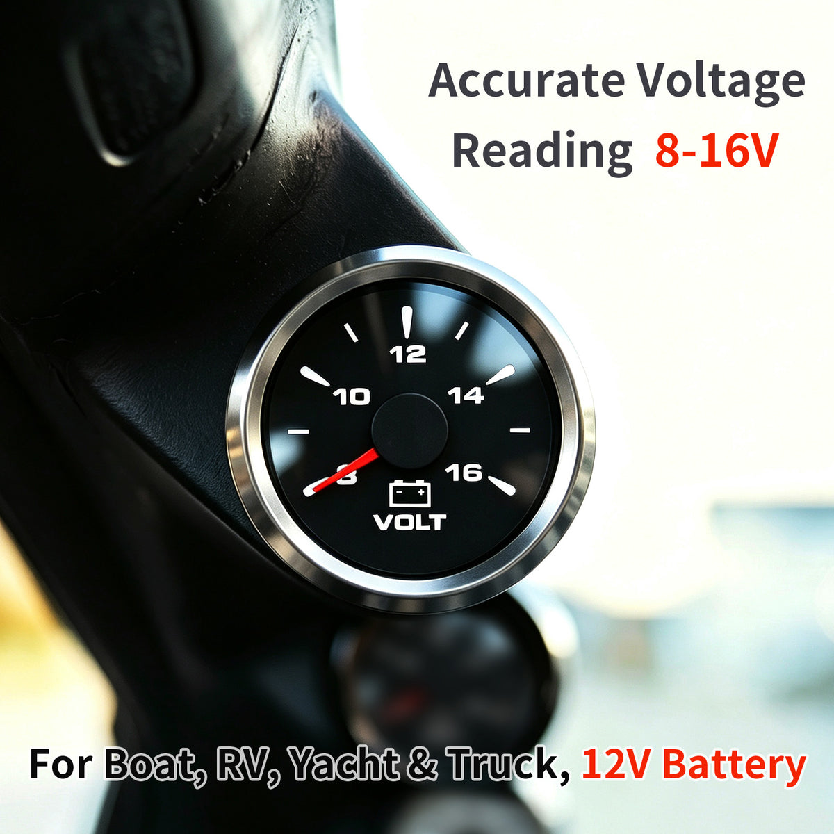 100TECH Automotive Voltmeter Gauge 2‑1/16" (52mm) 8‑16V Boat Voltage Gauge For Trucks | Aftermarket Voltage Gauge, IP67 Waterproof & Anti‑Fog Lens, Stepper Motor, SUS316 Bezel & 8 Color Backlight for RVs & Vehicles