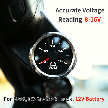 100TECH Automotive Voltmeter Gauge 2‑1/16" (52mm) 8‑16V Boat Voltage Gauge For Trucks | Aftermarket Voltage Gauge, IP67 Waterproof & Anti‑Fog Lens, Stepper Motor, SUS316 Bezel & 8 Color Backlight for RVs & Vehicles