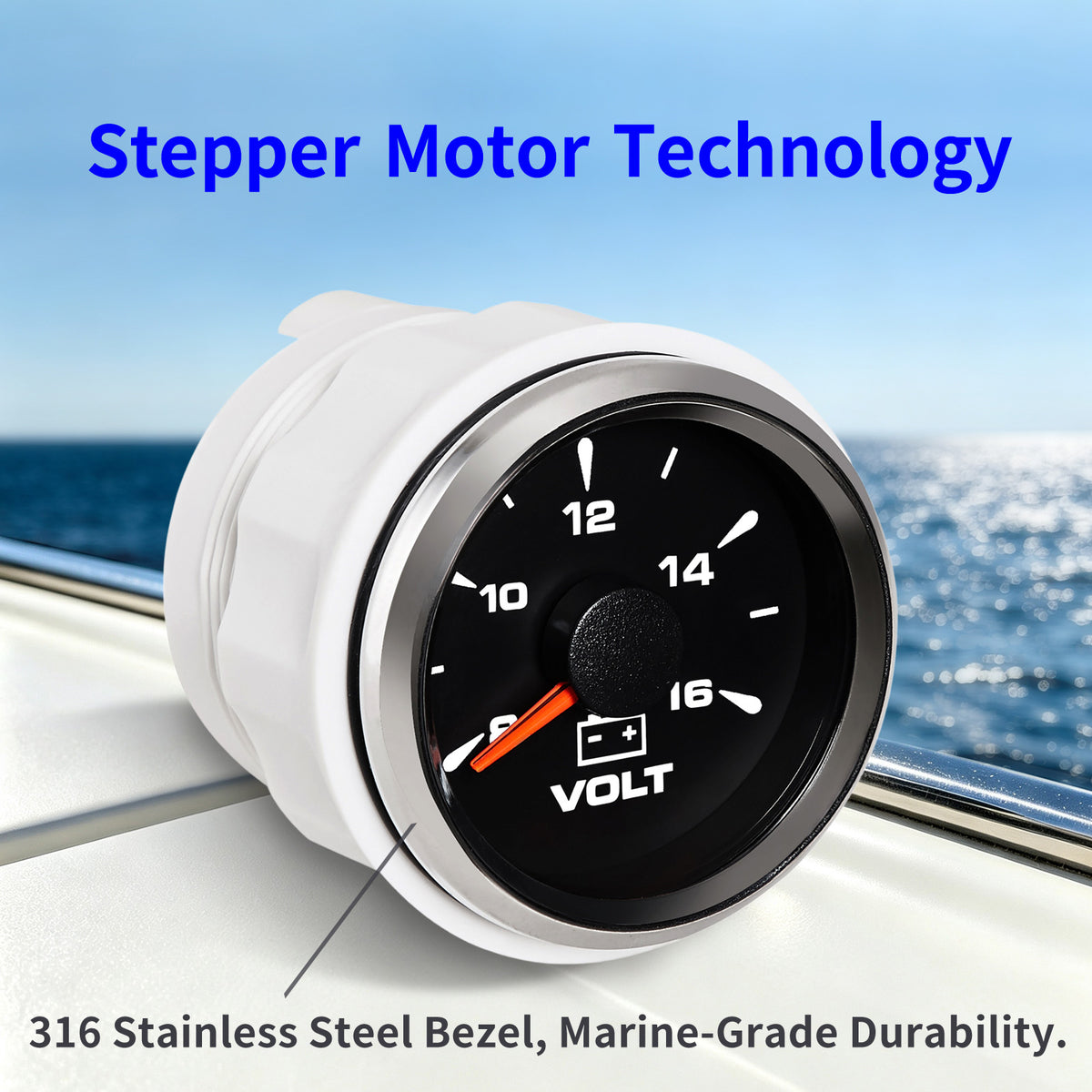100TECH Automotive Voltmeter Gauge 2‑1/16" (52mm) 8‑16V Boat Voltage Gauge For Trucks | Aftermarket Voltage Gauge, IP67 Waterproof & Anti‑Fog Lens, Stepper Motor, SUS316 Bezel & 8 Color Backlight for RVs & Vehicles