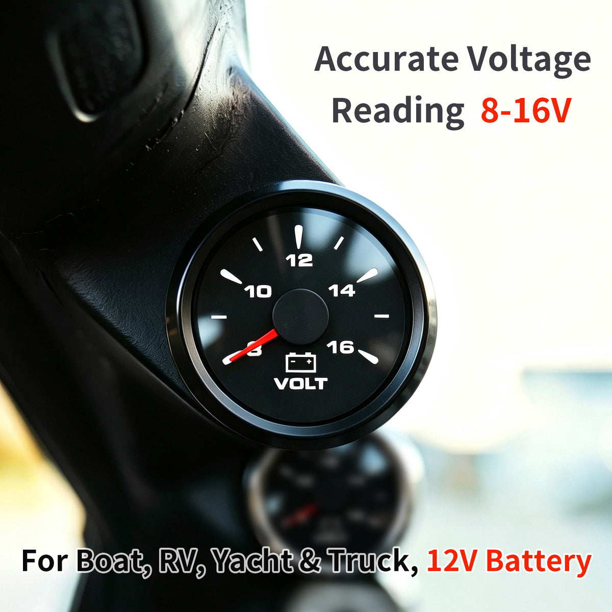 100TECH Voltmeter Gauge 2‑1/16" (52mm) 8‑16V Marine Voltage Gauge For Trucks | Automotive Voltage Gauge, IP67 Waterproof & Anti‑Fog Lens, Stepper Motor, SUS316 Bezel & 8 Color Backlight for Boats, RVs & Tractors