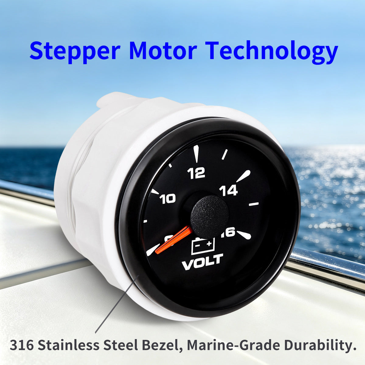 100TECH Voltmeter Gauge 2‑1/16" (52mm) 8‑16V Marine Voltage Gauge For Trucks | Automotive Voltage Gauge, IP67 Waterproof & Anti‑Fog Lens, Stepper Motor, SUS316 Bezel & 8 Color Backlight for Boats, RVs & Tractors