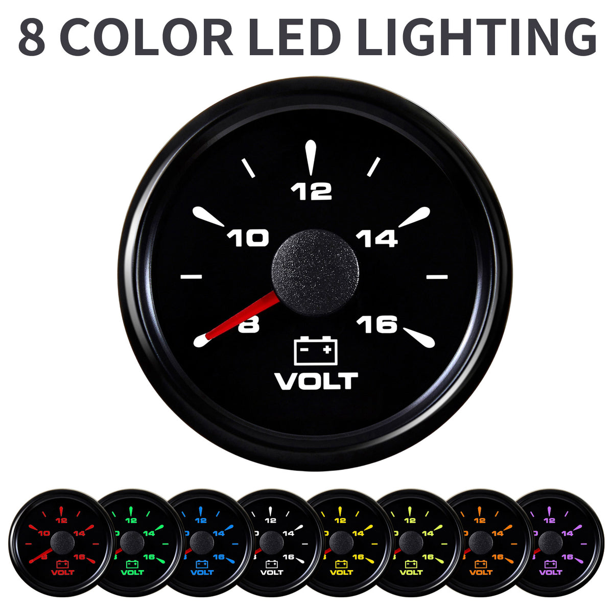 100TECH Voltmeter Gauge 2‑1/16" (52mm) 8‑16V Marine Voltage Gauge For Trucks | Automotive Voltage Gauge, IP67 Waterproof & Anti‑Fog Lens, Stepper Motor, SUS316 Bezel & 8 Color Backlight for Boats, RVs & Tractors