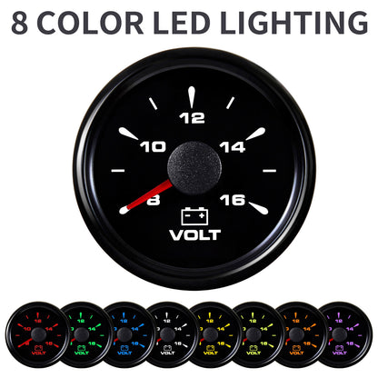 100TECH Voltmeter Gauge 2‑1/16" (52mm) 8‑16V Marine Voltage Gauge For Trucks | Automotive Voltage Gauge, IP67 Waterproof & Anti‑Fog Lens, Stepper Motor, SUS316 Bezel & 8 Color Backlight for Boats, RVs & Tractors