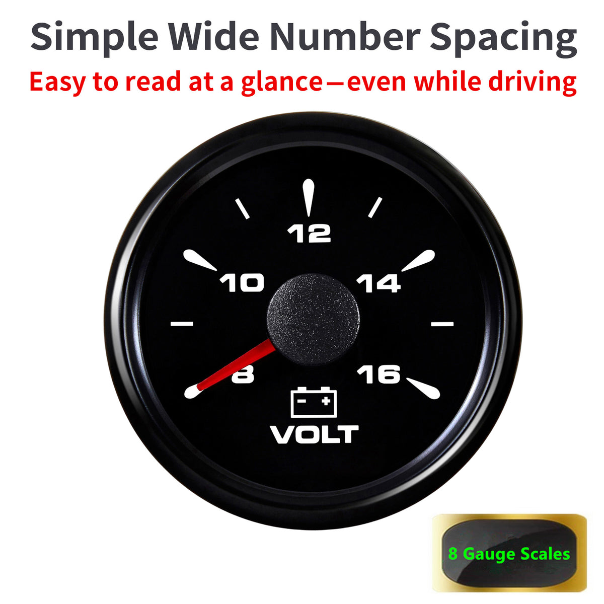 100TECH Voltmeter Gauge 2‑1/16" (52mm) 8‑16V Marine Voltage Gauge For Trucks | Automotive Voltage Gauge, IP67 Waterproof & Anti‑Fog Lens, Stepper Motor, SUS316 Bezel & 8 Color Backlight for Boats, RVs & Tractors