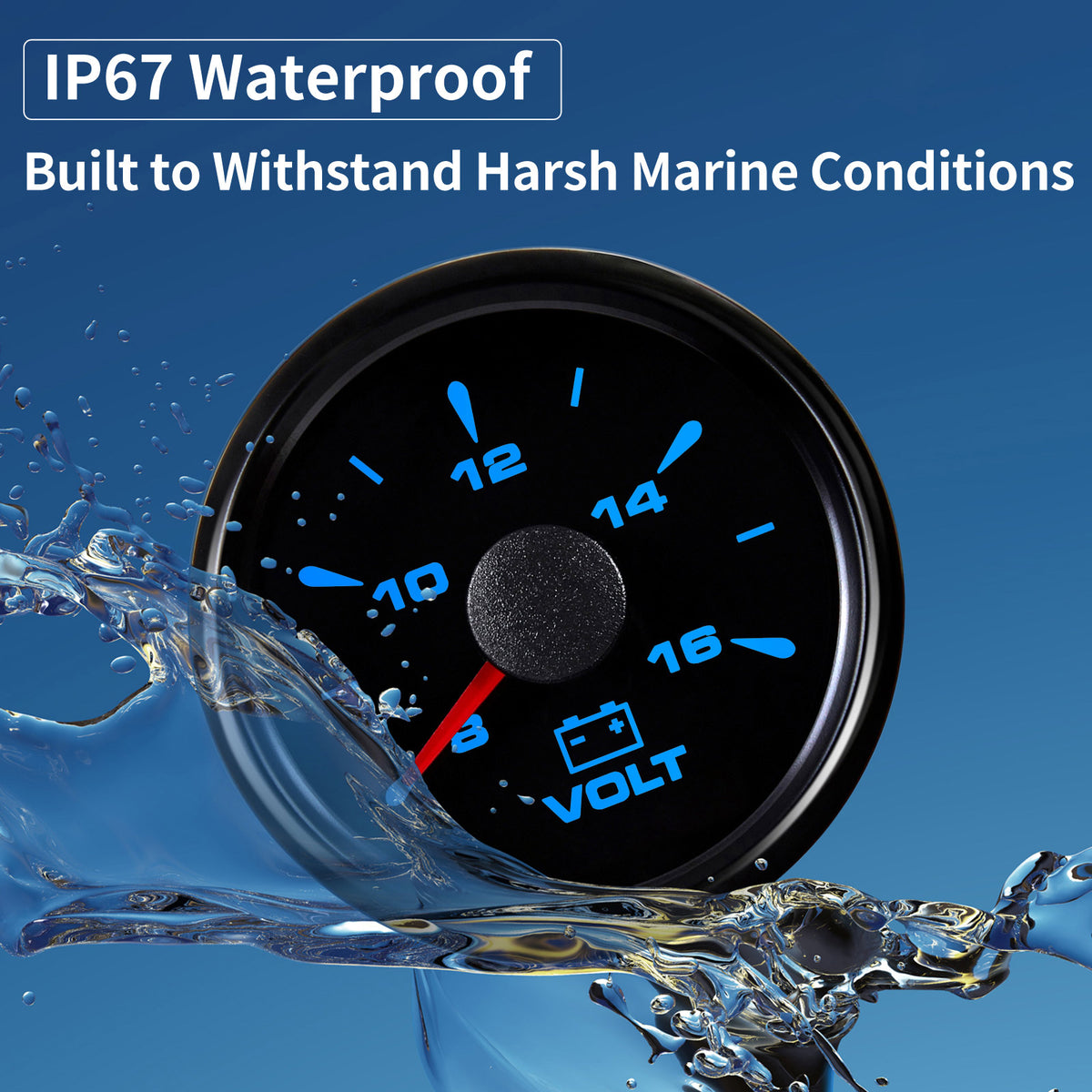 100TECH Voltmeter Gauge 2‑1/16" (52mm) 8‑16V Marine Voltage Gauge For Trucks | Automotive Voltage Gauge, IP67 Waterproof & Anti‑Fog Lens, Stepper Motor, SUS316 Bezel & 8 Color Backlight for Boats, RVs & Tractors