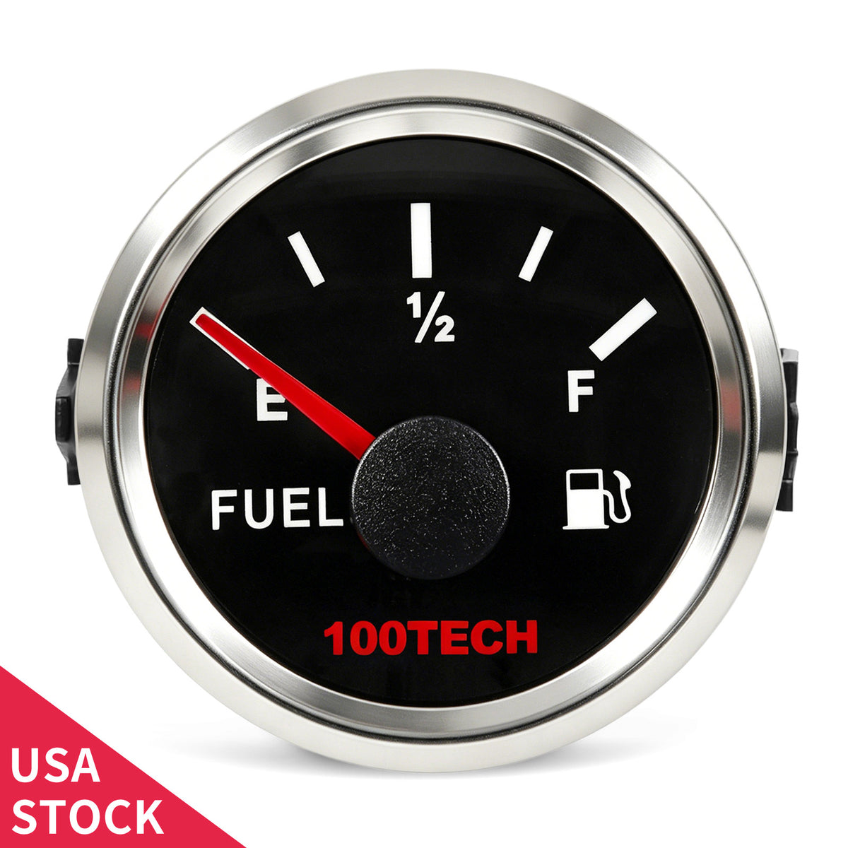 100TECH 52mm Vehicle Fuel Level Gauge 0-90 Ohm 2-1/16 Inch Aftermarket Gauge | IP67 Waterproof and Dustproof, Stepper Motor Technology, Anti-Fog & UV-Resistant, Red Backlight, SUS316 Bezel for RVs, Trucks, Boats